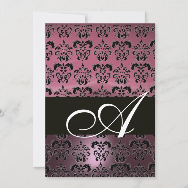 Convite ROSA PRETO DAMASK MONOGRAMADO, branco brilhante (Frente)