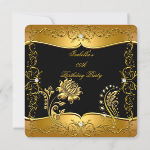 Convite Rosa Preto Dourado Diamante Floral Festa de Aniver