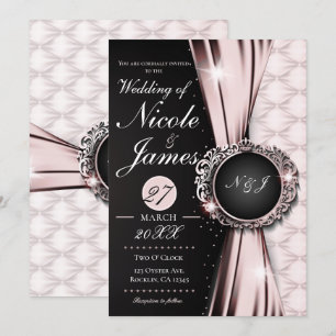 Convite Rosa Preto e Branco Elegância Luxuosa Casamento ou