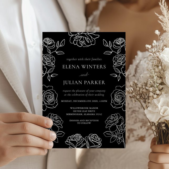 Convite Rosa Preto e Branco Elegantes Flores de Casamento (Criador carregado)