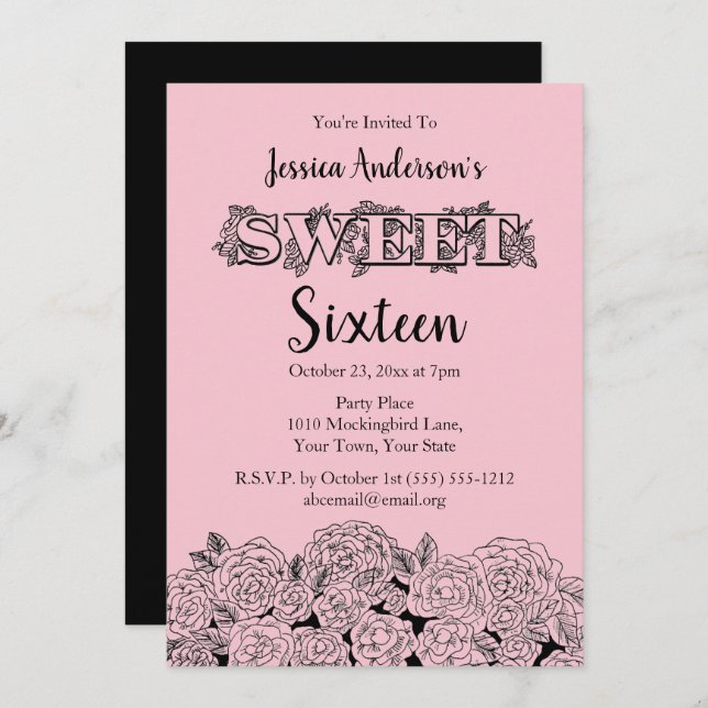 Convite Rosa Preto-Rosa-Rosa-Bolo-Parisiense Doce Dezessei (Frente/Verso)