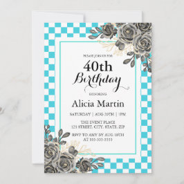 Convite Rosa preto Turquesa e Branco Checados Aniversário