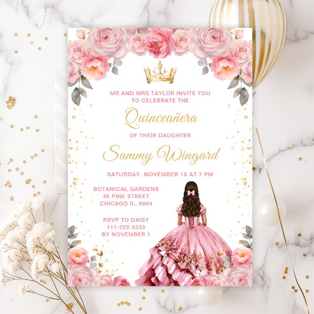 Convite Rosa Princesa Floral Quinceañera (Criador carregado)