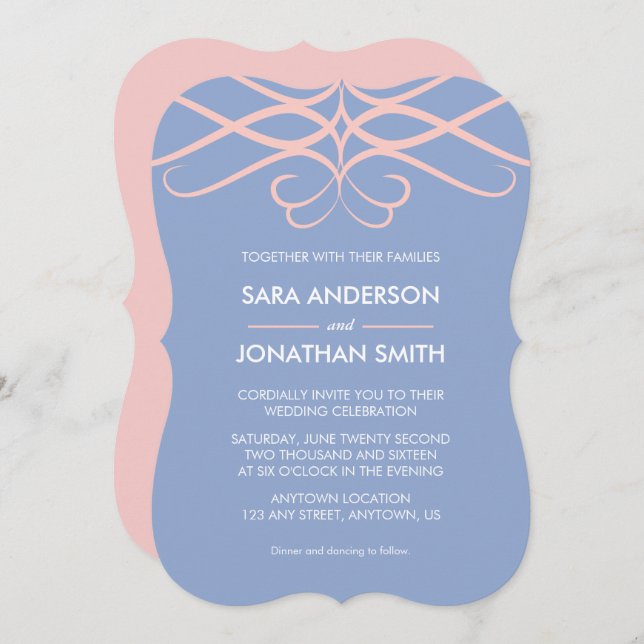 Convite Rosa Quartz & Blue, Casamento de Flores Elegantes (Frente/Verso)