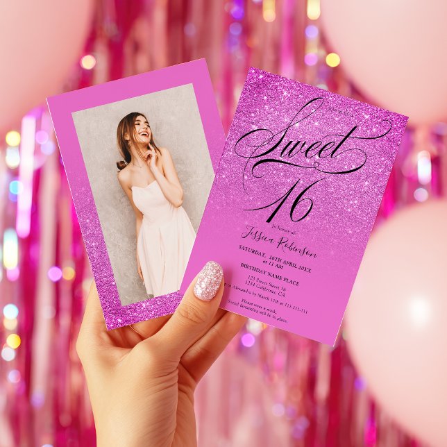 Convite Rosa quente brilho ombre script  foto Doce 16 (Hot Pink glitter ombre script photo Sweet 16 Invitation)