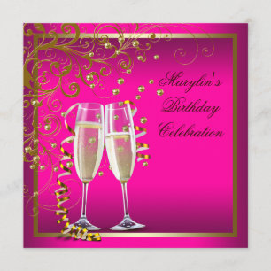 Convite Rosa Quente Dourado Aniversário Rosa Quente da Mul
