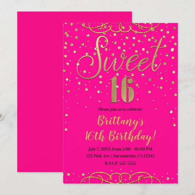Convite Rosa Quente e Dourado com Brilho Festa Moderna Swe (Frente/Verso)