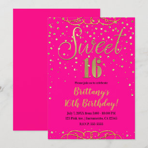 Convite Rosa Quente e Dourado com Brilho Festa Moderna Swe