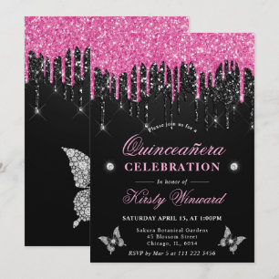 Convite Rosa Quente e Preto Gotejante Brilho Quinceanera