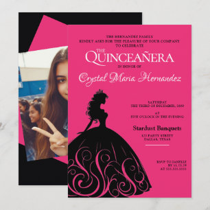 Convite Rosa Quente e Preto Quinceañera