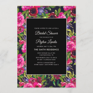 Convite Rosa Quente Floral Roxo em Preto para Chá de Noiva