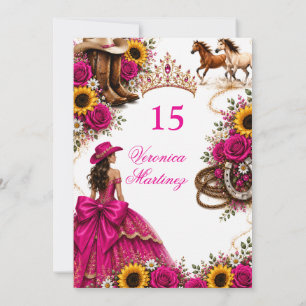 Convite Rosa Quente Girassol Fuchsia Vaquera Quinceañera