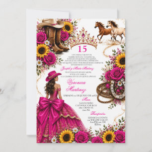 Convite Rosa Quente Girassol Fuchsia Vaquera Quinceañera 