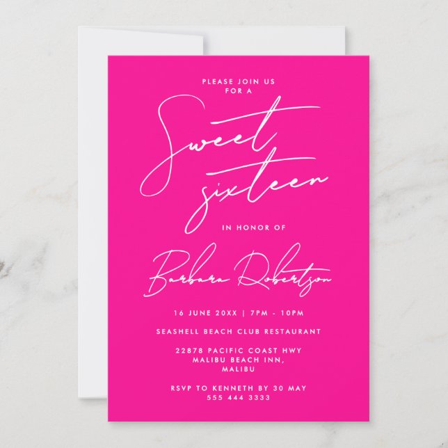 Convite Rosa Quente Minimalista Script Chic Dezesseis Anos (Frente)