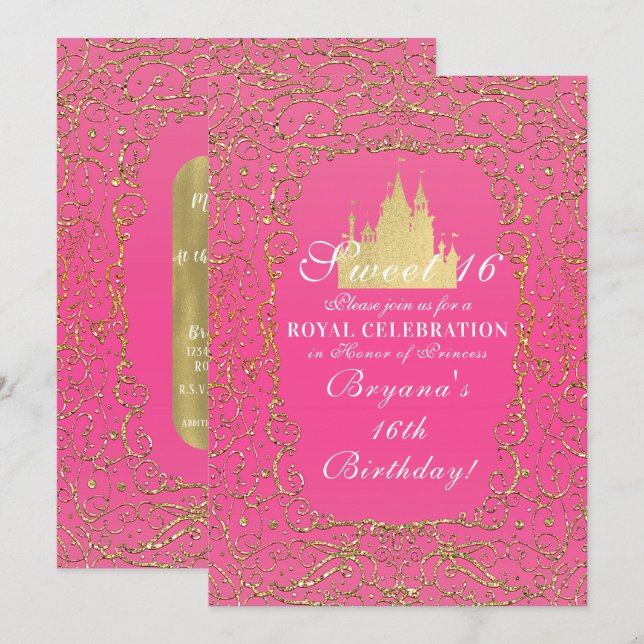 Convite Rosa Quente & Ouro Castelo Real Princesa Sweet 16 (Frente/Verso)