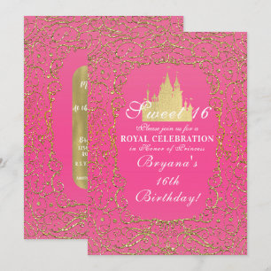 Convite Rosa Quente & Ouro Castelo Real Princesa Sweet 16