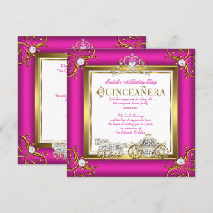 Convite Rosa Quente Princesa de Ouro Quinceanera Aniversár