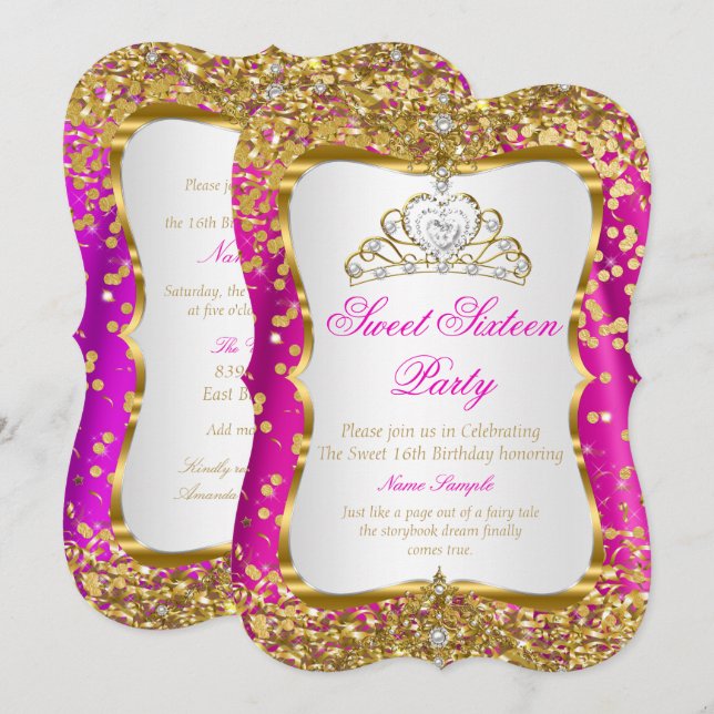Convite Rosa Quente Tiara Princesa Doce 16 Dourado (Frente/Verso)