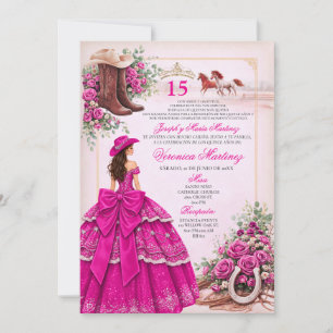Convite Rosa Quinceañera Ocidental Fúcsia Quente