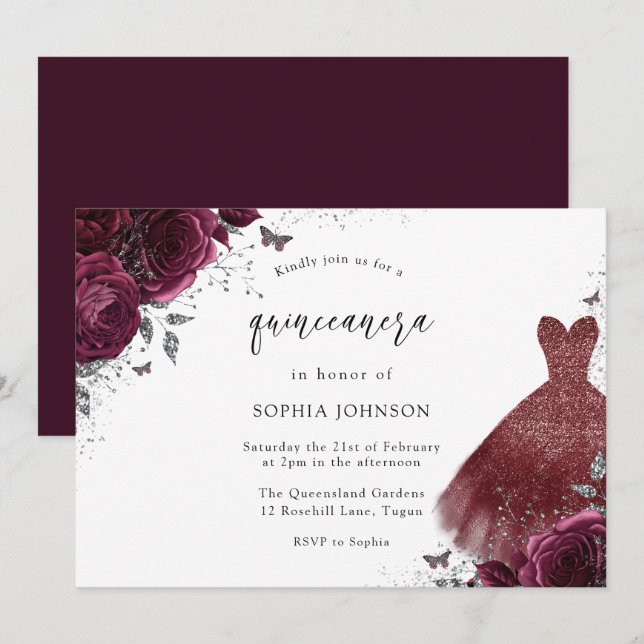 Convite Rosa Quinceanera Silver Burgundy Sparkle (Frente/Verso)