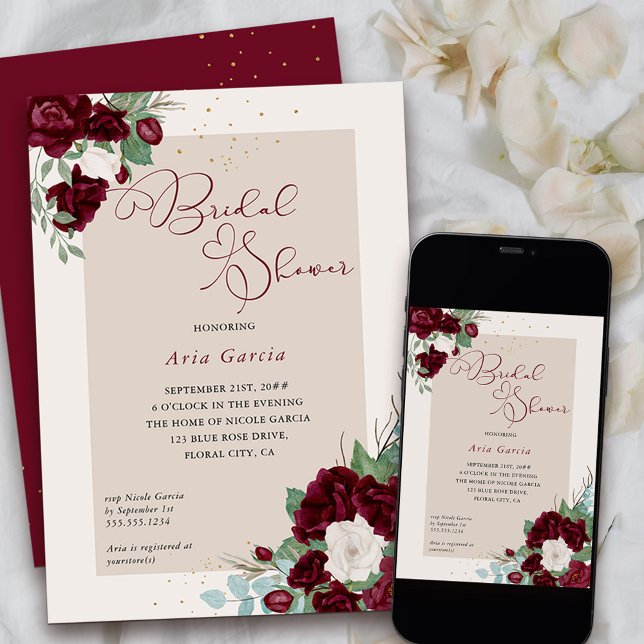 Convite Rosa Real Burgundy Ivory Chá de panela Floral (Bridal Shower Invitation from my Royal Roses collection
)