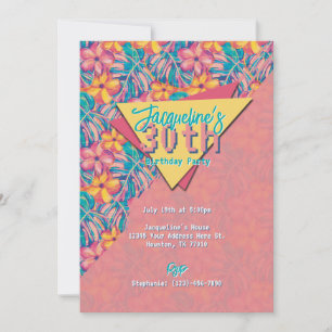 Convite Rosa Retro e Floral de Aniversário Amarelo