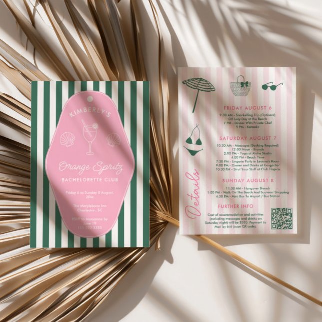Convite Rosa Retro e Verde Despedida de Solteira Beverly H (Preppy pink and green bachelorette beach weekend invitation with hand drawn icons)