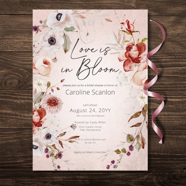 Convite Rosa Romântico Amor Floral Em Chá de panela De San (Romantic Rose Floral Love In Bloom Bridal Shower Invitation)