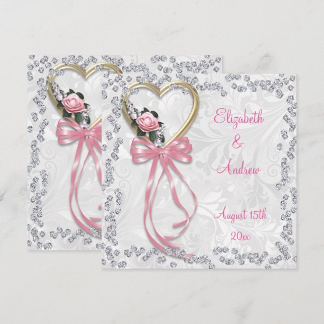 Convite Rosa romântico, Casamento de Ouros e Fita (Frente/Verso)