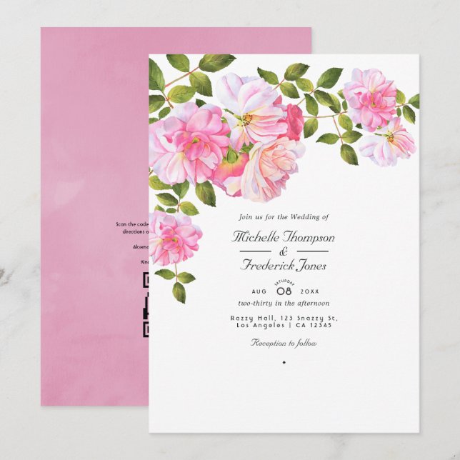Convite Rosa Rosa Código QR RSVP Casamento no Jardim (Frente/Verso)