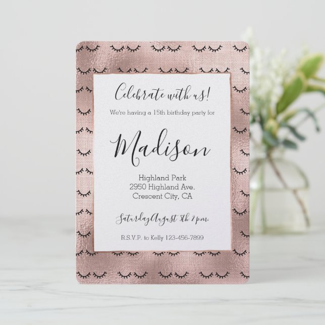 Convite Rosa Rosa Cor-de-Rosa Dourada Eilasias Negras (Em pé/Frente)