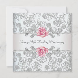 Convite Rosa Rosa Damask Prata 25º Aniversário de Casament