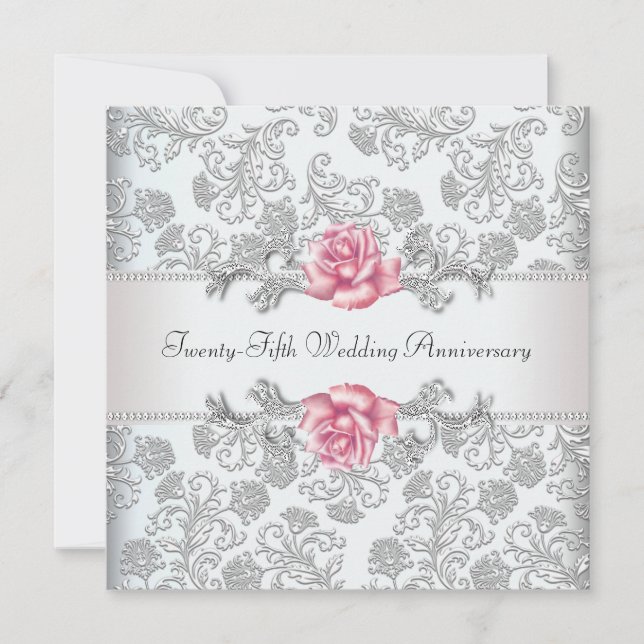 Convite Rosa Rosa Damask Prata 25º Aniversário de Casament (Frente)