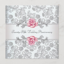 Convite Rosa Rosa Damask Prata 25º Aniversário de Casament