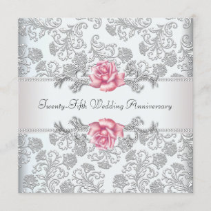 Convite Rosa Rosa Damask Prata 25º Aniversário de Casament