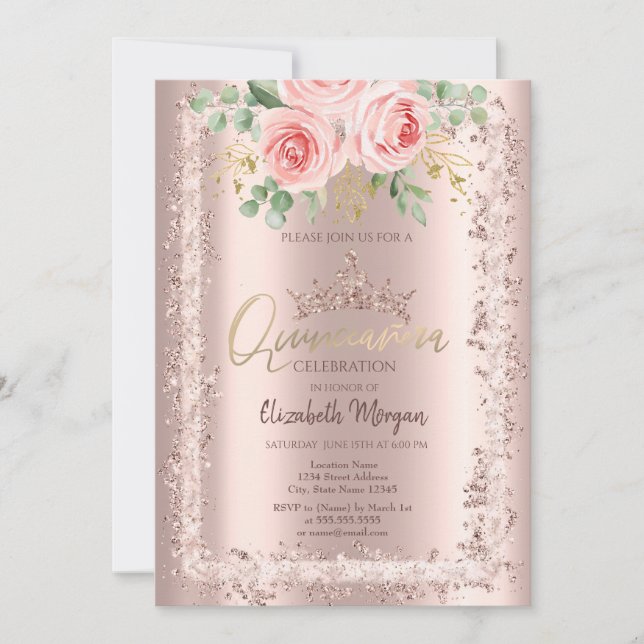Convite Rosa, Rosa Dourada Coroa de Frame Glitter Quinceañ (Frente)