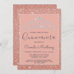 Convite Rosa - Rosa Dourado Glitter e Sparkle Quinceanera