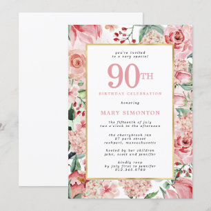 Convite Rosa rosa e Hydrangea 90 Floral Aniversário