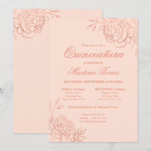 Convite Rosa Rosa Elegante, Dourada, esboço, Quinceanera
