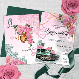 Convite Rosa rosa Emerald Green Chola Lowrider Quinceanera