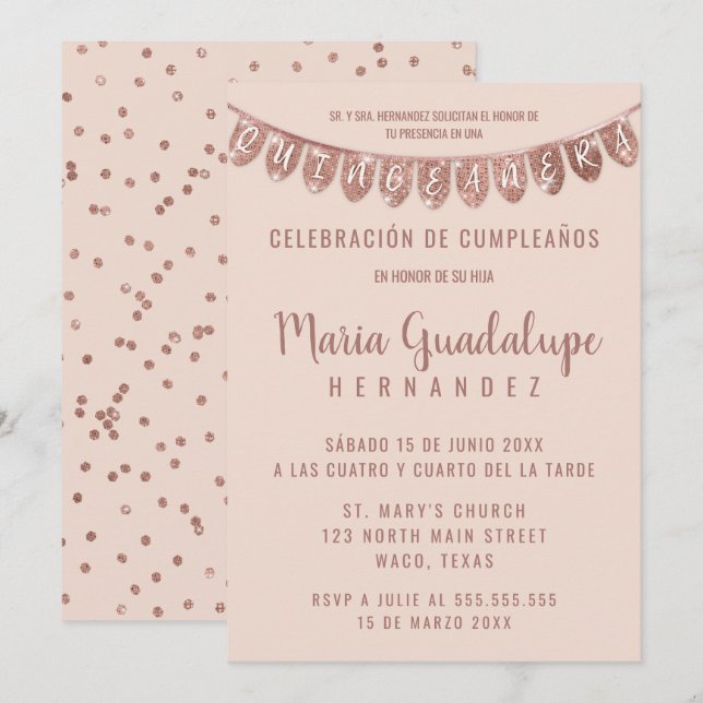 Convite Rosa Rosa rosa Dourada Banner Español Quinceañera (Frente/Verso)