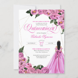 Convite Rosa rosa rosa Dourada Tiara e Ball Gown Quinceañe