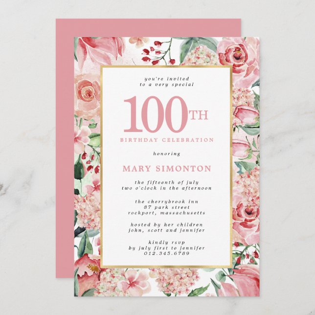 Convite Rosa rosa rosa e Hydrangea Floral 100º Aniversário (Frente/Verso)