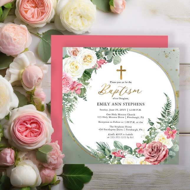 Convite Rosa Rosa Rosa Elegante |Batismo da Dourada Floral (Elegant Pink Rose and Gold Tone Frame Baptism Invitation - Print | Digital Download)