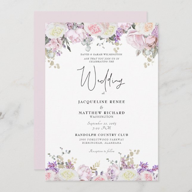 Convite Rosa Rosa Rosa Elegante Floral (Frente/Verso)