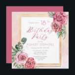 Convite Rosa Rosa Rosa Elegante | Quadro Dourado 18.a Fest<br><div class="desc">Cor-de-rosa elegante e rosa-rosa e branco elegante com design de texto de guião verde-sábio "Festa de aniversário" com estrutura retangular de linhas douradas geométricas.</div>