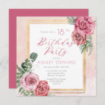 Convite Rosa Rosa Rosa Elegante | Quadro Dourado 18.a Fest<br><div class="desc">Cor-de-rosa elegante e rosa-rosa e branco elegante com design de texto de guião verde-sábio "Festa de aniversário" com estrutura retangular de linhas douradas geométricas.</div>