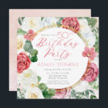 Convite Rosa Rosa Rosa Elegante | Quadro Dourado 50.a Fest<br><div class="desc">Cor-de-rosa elegante e rosa-rosa e branca,  floral com um design de texto de guião verde-sábio "Festa de aniversário" de eucalipto verde com estrutura circular de linhas douradas geométricas.</div>