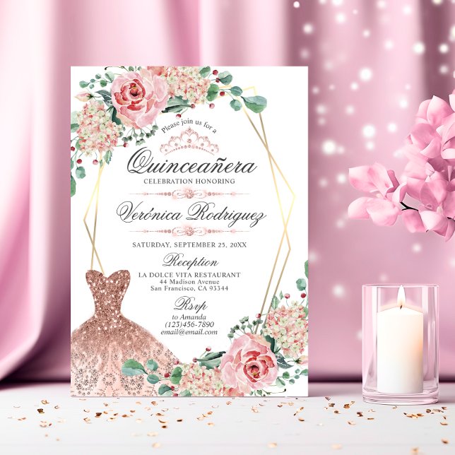 Convite Rosa Rosa Rosa Elegante Quinceañera Quince Coroa T (Elegant Pink Rose Quinceañera Quince Crown Tiara Invitation)