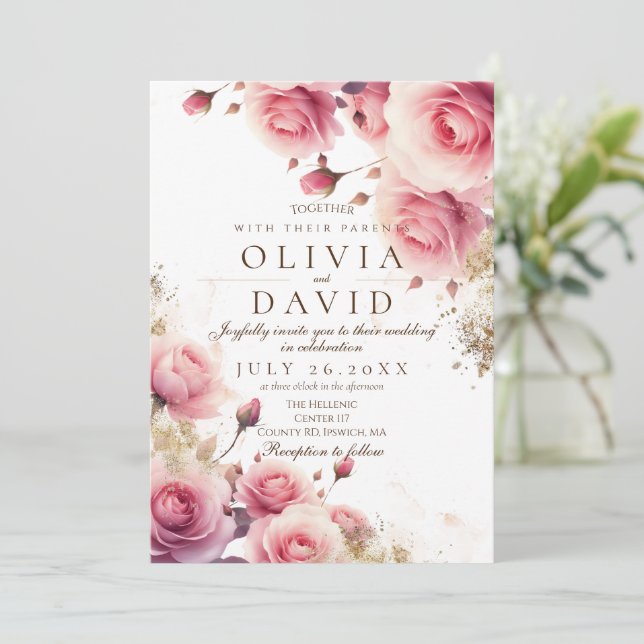 Convite Rosa Rosa Rosa Esbranquiçada e Casamento Dourado d (Em pé/Frente)